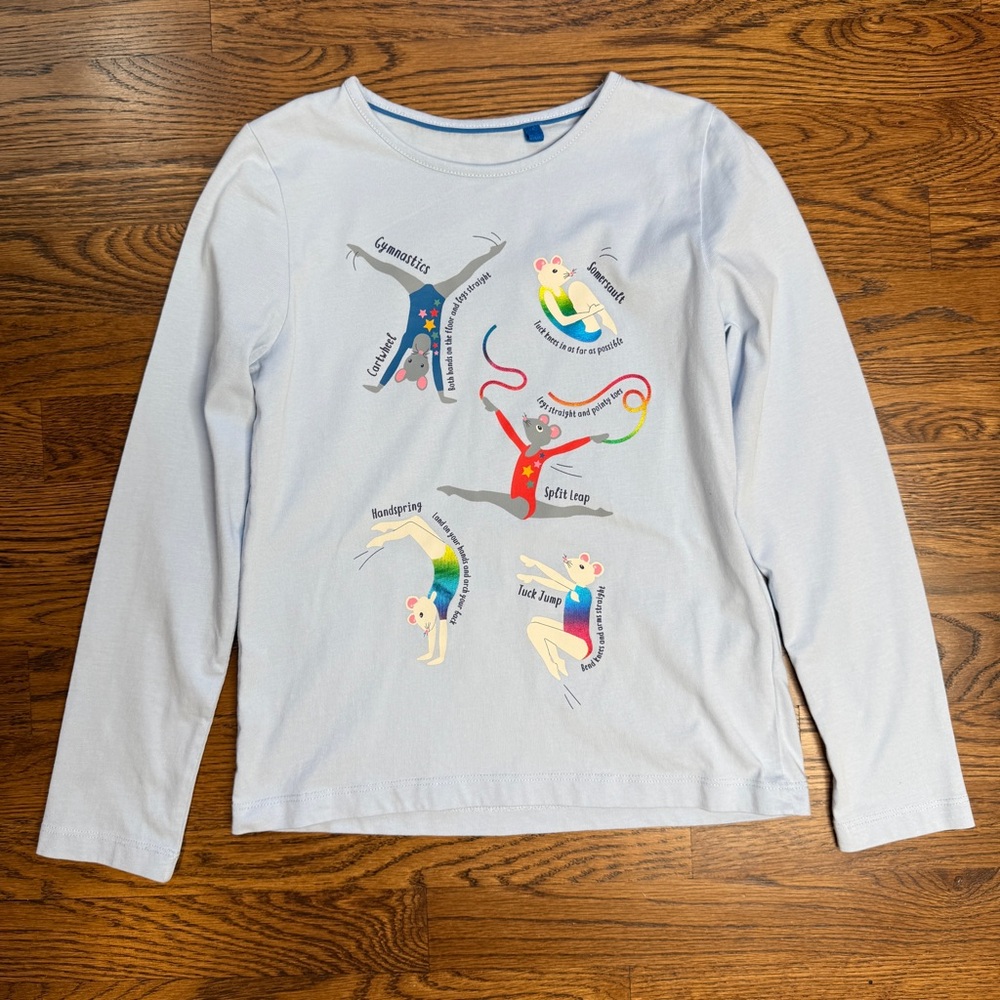 Mini Boden Girls Mouse Gymnastics Graphic Long Sleeve T- Shirt Light Blue 9-10